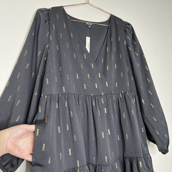 Madewell Black & Gold Metallic Jacquard Faux Wrap Tiered Mini Dress XL NWT - Picture 7 of 16